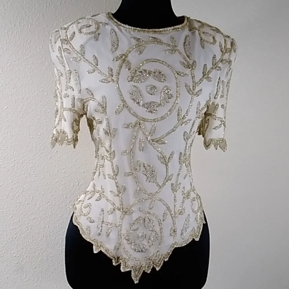 VTG Laurence Kazar New York Silk Gold Formal SquinWomen Top Blouse Size SP